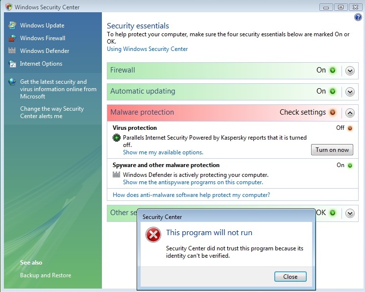 Security Option Failure Windows Vista