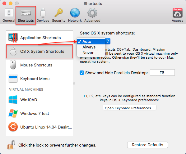 Parallels Keyboard Settings