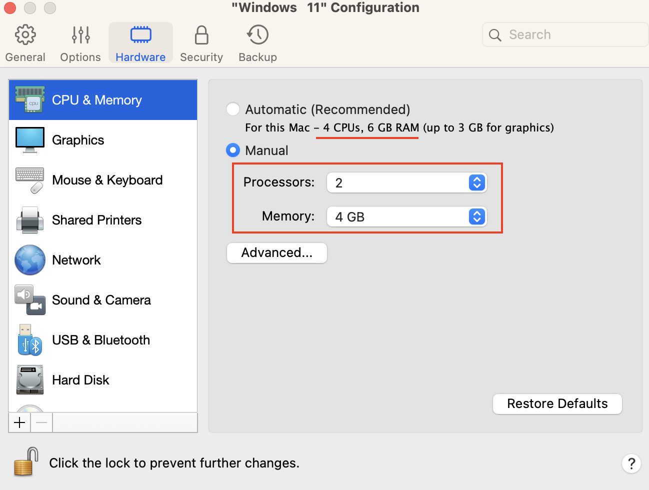 CPU & Memory manual configuration