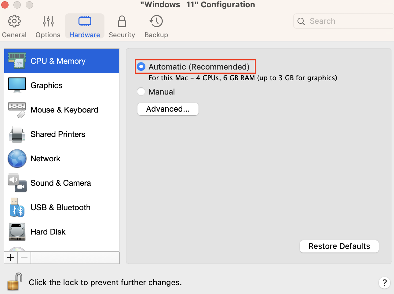 CPU & Memory automatic configuration