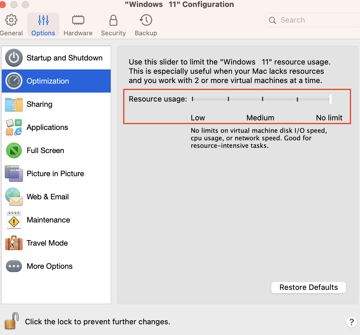 Virtual machine Optimization slider