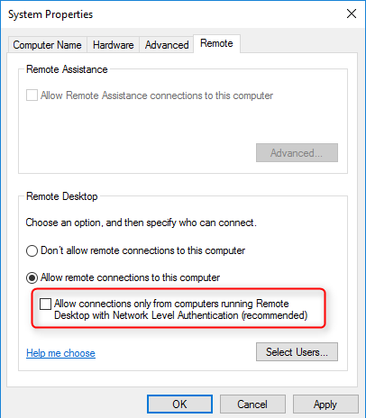 nla disable remote domain