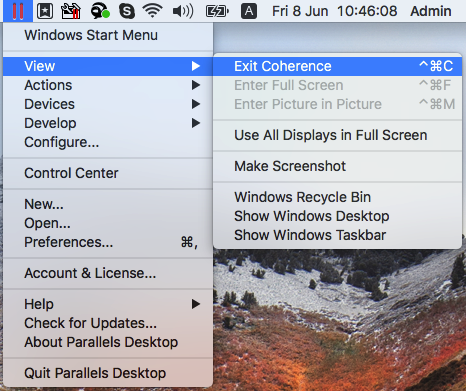 exiting parallels full screen mode from teamviewer